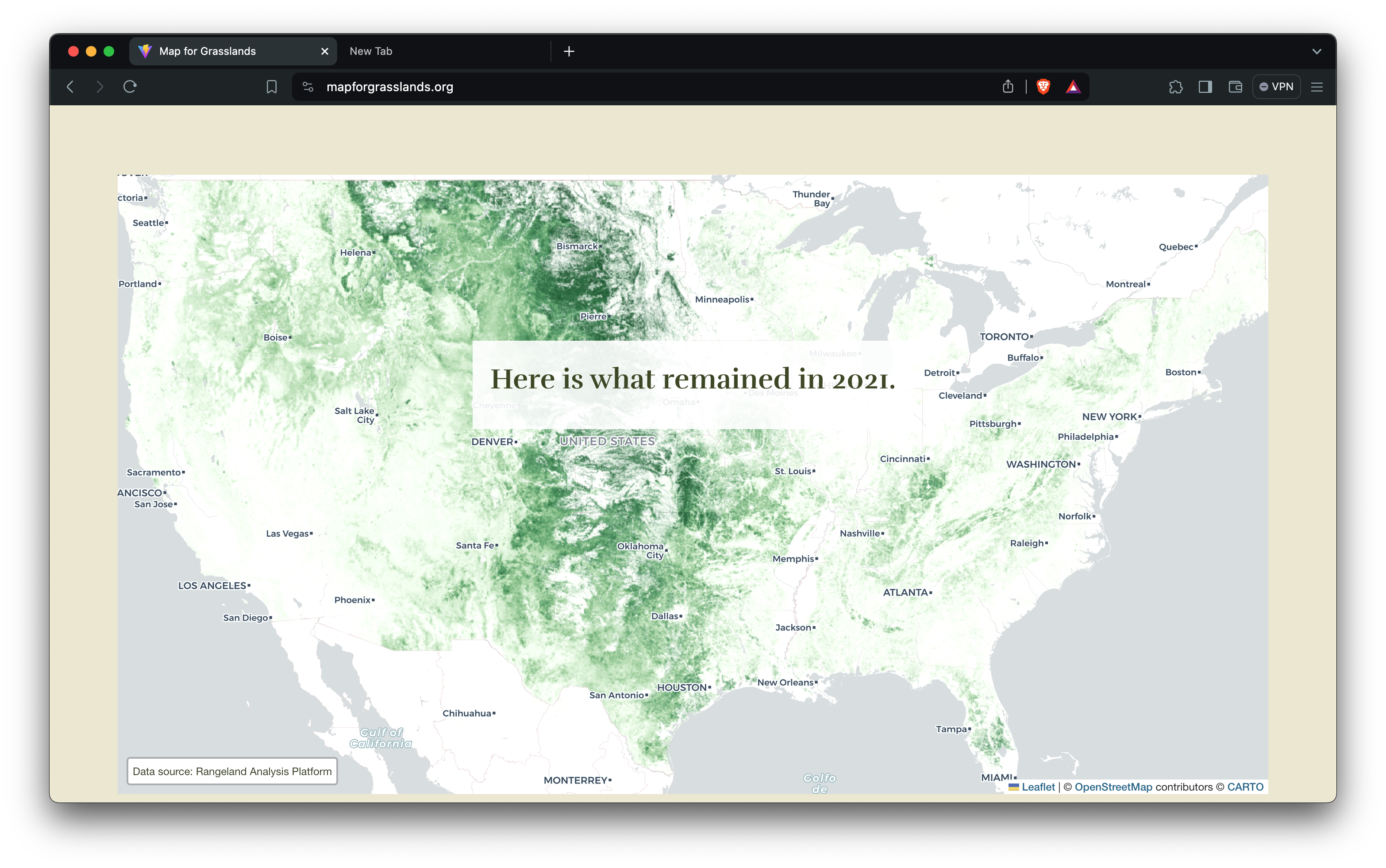 A map of the U.S. showing how grasslands have disappeared in certain regions over time, namely in the southeast, the west, and the midwest.